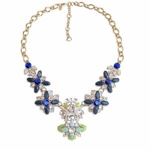 J.Crew Blue Green Floral Crystal Statement Bib Necklace Gold Tone Adjustable